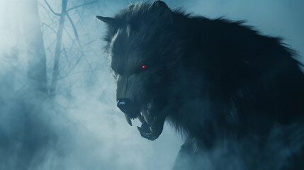 there is a large black wolf with red eyes in the fog