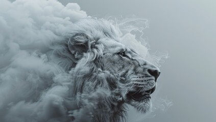 Freeze the moment of a minimalist lion in mid-roar, its mane billowing in the wind against the clean white canvas, symbolizing power and authority in its rawest form.