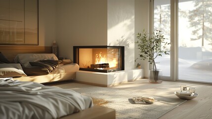 Realistic 3D image of a minimalist Scandinavian bedroom with a glass-fronted fireplace, providing warmth and a focal point in a room washed in sunlight.