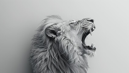 Freeze the moment of a minimalist lion in mid-roar, its mane billowing in the wind against the clean white canvas, symbolizing power and authority in its rawest form.