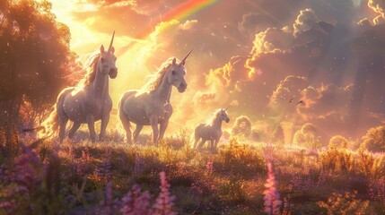 A beautiful image of a unicorn family in a field of flowers with a rainbow in the background.