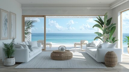Realistic 3D image of a minimalist living room in a cool, coastal mood, with pale blues, whites, and minimalist to reflect a beachside aesthetic.