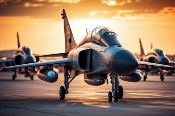 Fototapeta premium Military fighter jet on the runway of a military airfield