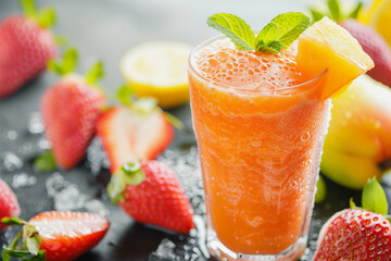 A glass of orange juice with a slice of lemon and a strawberry on top. The glass is half full and the juice is cold