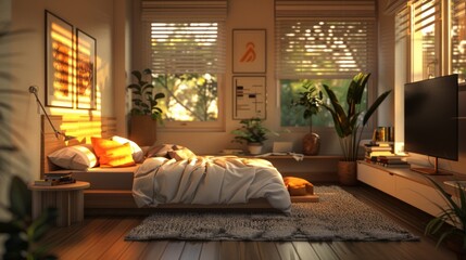 Obraz premium Realistic 3D image of a minimalist bedroom with sleek, functional furniture and the serene light of early evening creating a peaceful atmosphere.