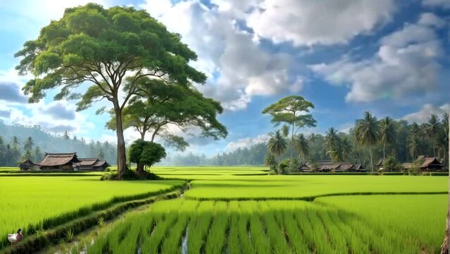 view of rice fields and a tree with a clear sky
