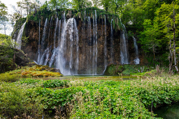 Waterfall in the Plitvice Lakes National Park. One of the most popular travel destination in...