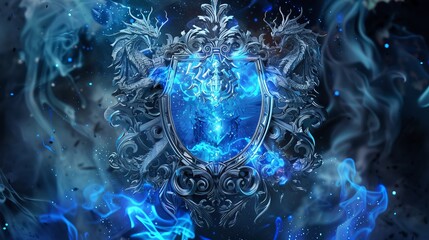 
Drawing illustration of a coat of arms surrounded by a silver frame with magical elements, inside a transparent glass dragon with dark eye caves spitting blue fire surrounded by blue flames