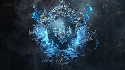 
Drawing illustration of a coat of arms surrounded by a silver frame with magical elements, inside a transparent glass dragon with dark eye caves spitting blue fire surrounded by blue flames - obrazy, fototapety, plakaty