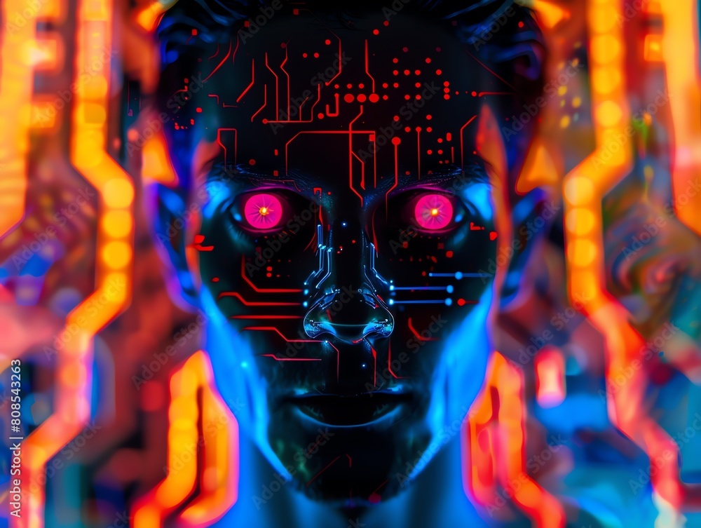 Poster a vibrant depiction of a futuristic face illuminated by intricate circuit patterns, symbolizing the 
