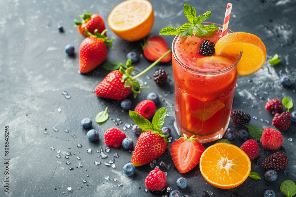 Poster a glass of red juice with a straw in it and a bunch of strawberries and oranges on the side