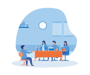 Woman during job interview and four elegant members of management. flat vector modern illustration