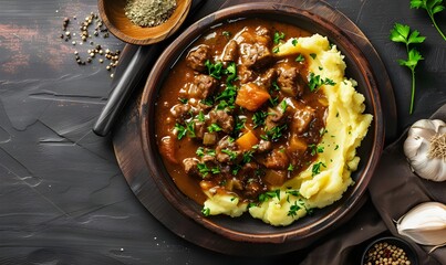 A comforting dish of beef stew with broccoli and mashed potatoes, a delicious recipe with meat as the main ingredient, served on a wooden table. Hearty Beef Stew with Broccoli and Mashed Potatoes