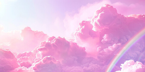 Pink fluffy cloud, rainbow illustration. Banner of beautiful sky