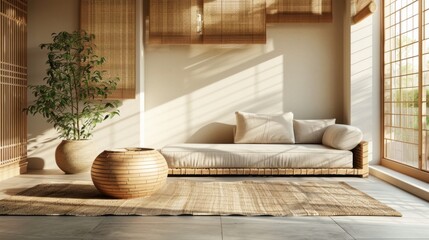 Fototapeta na wymiar Realistic 3D image of a Japan living room with a minimalist design, featuring a wooden statement piece and light filtering through bamboo shades.