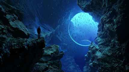 underwater scene with reef person in the window of the world 3D render of Mariana Trench from the inside dark background, digital art	
