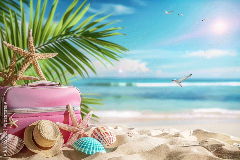 Aufkleber a red suitcase with a straw hat on top of it. the suitcase is placed on a table near a palm tree