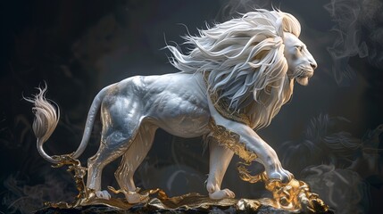 Majestic 3D Sculpture of a White Lion in Metallic Finish, Wearing a Garment and a Golden Band on its Chest