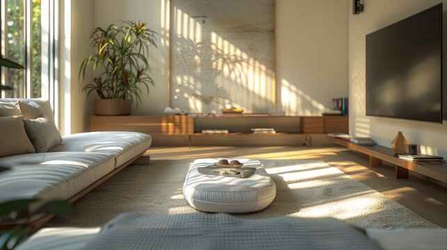 Realistic 3D image of a contemporary living room designed with simplicity in mind, where direct sunlight brightens the space and highlights minimalistic details.