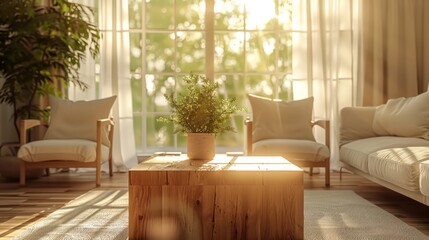Realistic 3D image of a clean and stylish living room with a cubic wooden coffee table, white sofa, and armchairs, illuminated by morning light filtering through sheer curtains.
