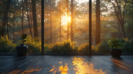 Realistic 3D image of a clean and simple Scandinavian room with a black window, the outside forest...