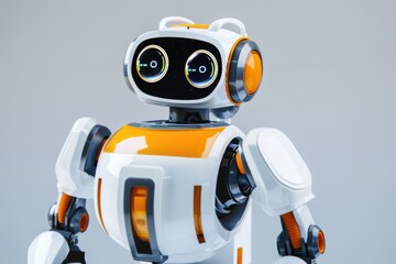 A white and orange robot standing upright on a gray background