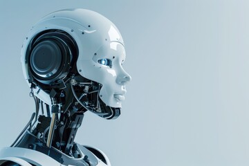 Close-up of a robot featuring a white face and head against a gray background