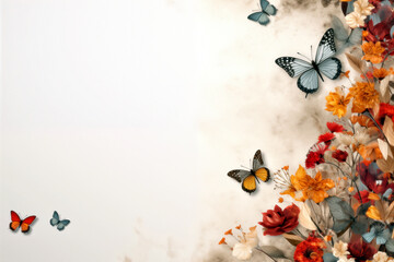 Spring blossom background with butterflies and flowers.