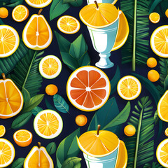 Citrus Pattern with Tropical Leaves and Summer Drinks