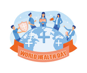 A group of diverse people around the world leading an active healthy lifestyle on World Health Day. flat vector modern illustration