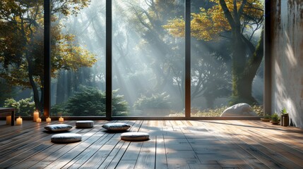 High-resolution 3D rendering of a serene Scandinavian yoga studio with natural wood floors, a black window, and a peaceful forest backdrop.