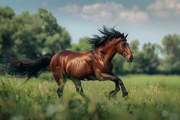 Brown horse stallion galloping green farm field wallpaper