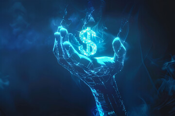 Hand holding dollar sign glowing blue currency concept