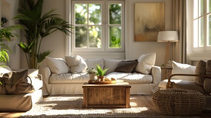 High-resolution 3D rendering of a Scandinavian living room with a simplistic cubic wooden coffee table, nestled between a white sofa and armchairs in soft, ambient light.