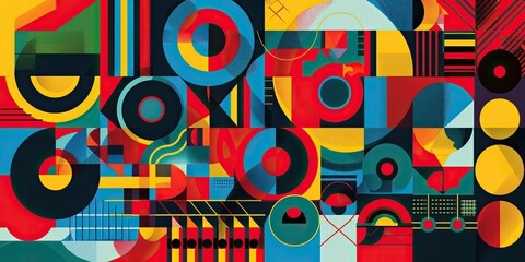A vibrant, flat design featuring bold geometric shapes and patterns in shades of Red, Blue, Green, Yellow and Orange suitable for use as an album cover or poster background