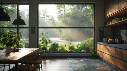 High-resolution 3D rendering of a Scandinavian kitchen with minimal decor and a black window framing a tranquil forest scene.