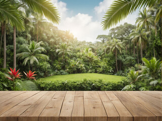 3D wooden table with a tropical forest or garden background for product placement