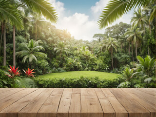 Fototapeta premium 3D wooden table with a tropical forest or garden background for product placement