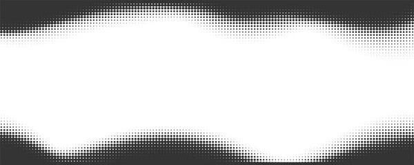 Dotted vector background with halftone effect. Comic wavy gradient border on white backdrop. Old grainy abstract frame. Retro graphic texture.