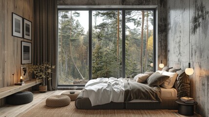 High-resolution 3D rendering of a Scandinavian bedroom that blends rustic charm with modern design, the black window offering a glimpse of a distant forest.