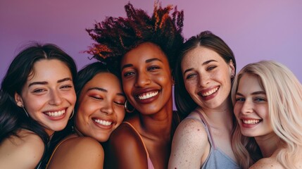 Fototapeta premium A group of diverse, multi-racial and multi-ethnic female colleagues smiling for Women's Equality Day photo shoot, International Women's Day photo shoot