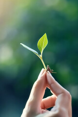 Gentle fingers cradle a delicate sapling with fresh leaves, symbolizing care and growth in a soft-focused background