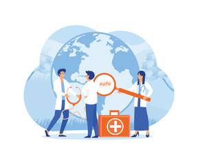 Doctors check the health world globe with a stethoscope in the order of world health day. flat vector modern illustration