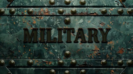 military background, green color, metal plate with rivets on top and bottom edge, vintage style, military themed, flat design.