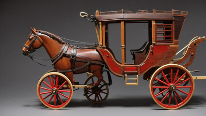 a red and brown horse-drawn carriage.