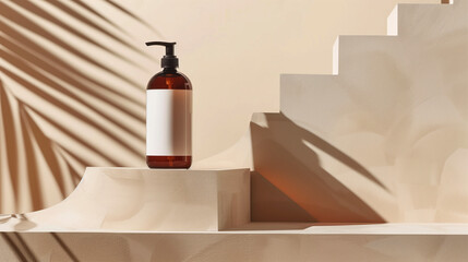 A brown shampoo bottle rests elegantly on a set of steps, its smooth surface contrasting with the empty white label affixed to it. Behind the bottle, a backdrop of geometric shapes in soothing beige 