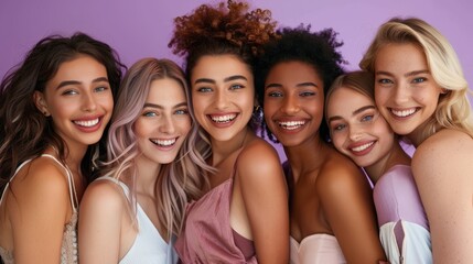 Fototapeta premium A group of diverse, multi-racial and multi-ethnic female colleagues smiling for Women's Equality Day photo shoot, International Women's Day photo shoot