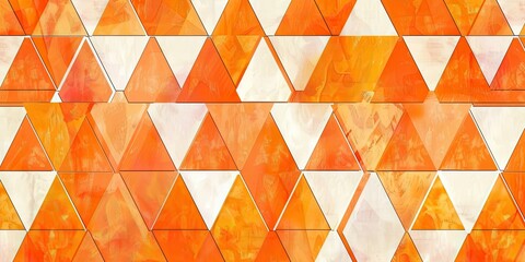 Orange and white patterned triangles in the style of Swiss graphic design, simple shapes, symmetrical grid, bold use of geometric forms