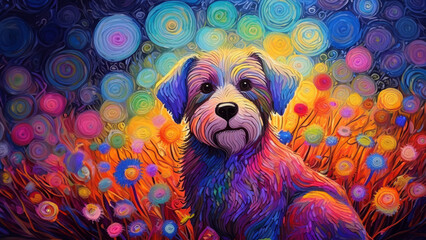 painted small dog with colorful rainbow flower background wallpaper