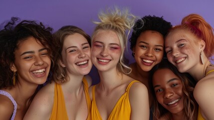 Obraz premium A group of diverse, multi-racial and multi-ethnic female colleagues smiling for Women's Equality Day photo shoot, International Women's Day photo shoot